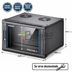 Rack Mural 6U 19P 600x450 mm Phasak Pro PHO 2106-D Armario para Patch Panel y Switch